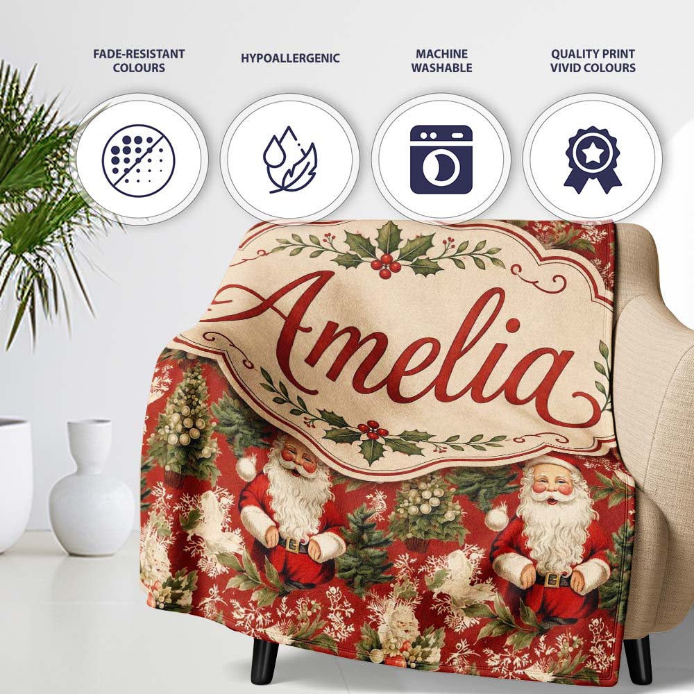 Traditional Santa Holly Tree Red Christmas Festive Vintage Style Personalised Custom Name Super Soft Fleece Blanket Bed Sofa Throw