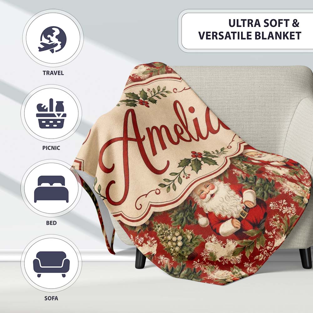 Traditional Santa Holly Tree Red Christmas Festive Vintage Style Personalised Custom Name Super Soft Fleece Blanket Bed Sofa Throw