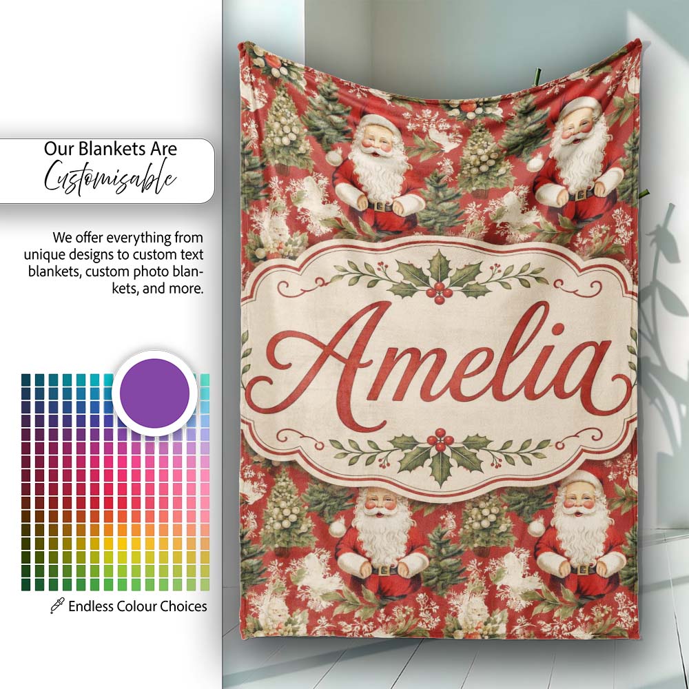 Traditional Santa Holly Tree Red Christmas Festive Vintage Style Personalised Custom Name Super Soft Fleece Blanket Bed Sofa Throw