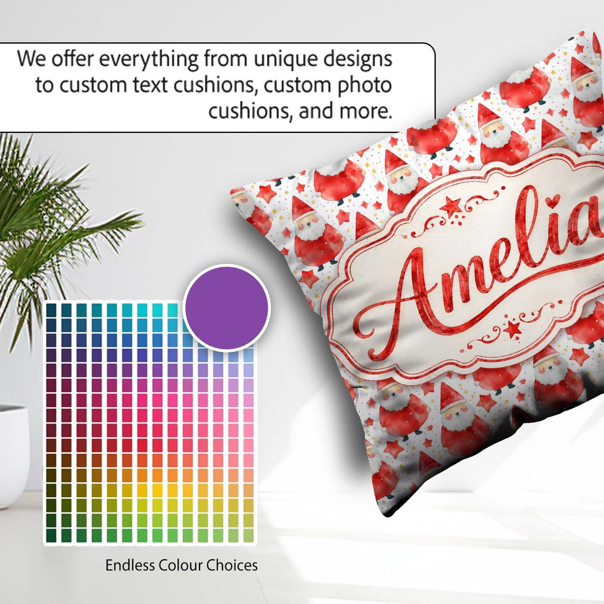 Custom Name Watercolor Santa Stars White Background Soft Festive Square Filled Cushion Throw Pillow Sofa Bed Home Decor Zip Washable UK Made
