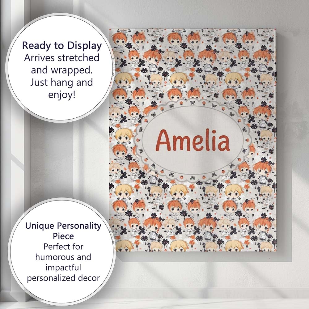 Personalised Name Cute Chibi Kids Floral Pattern Kawaii Character Custom Bespoke Canvas Wall Art Print Decor Picture Ready to Hang