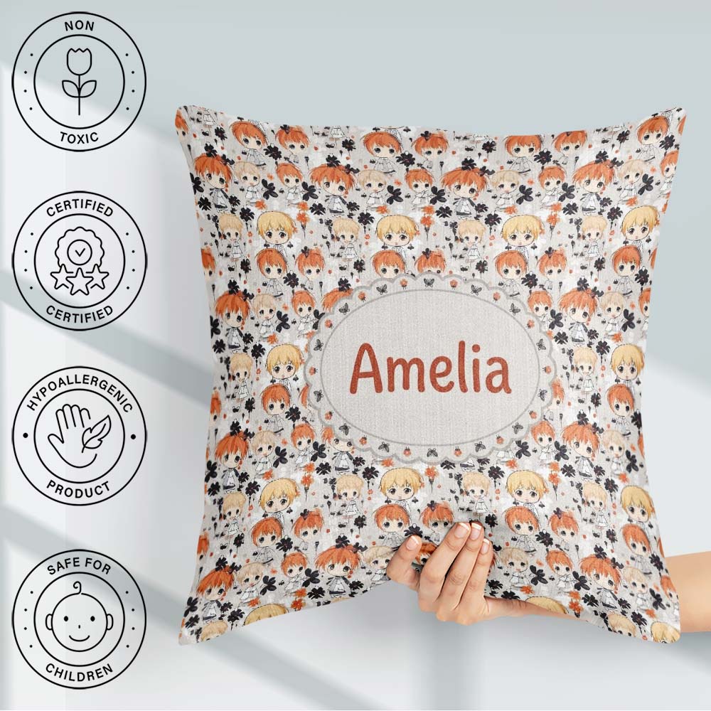 Custom Name Chibi Kids Floral Pattern Kawaii Character Design Square Filled Cushion Throw Pillow Sofa Bed Home Decor Zip Washable UK Made