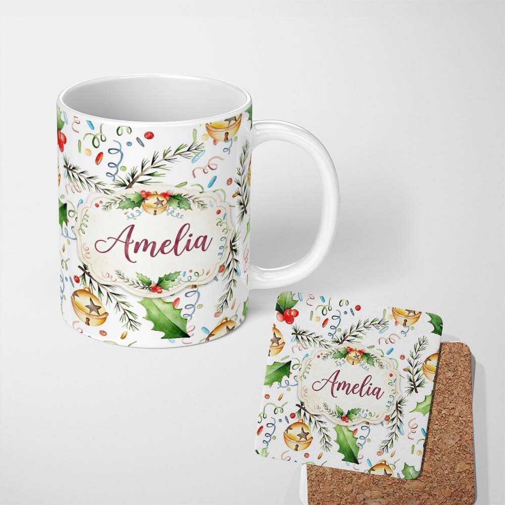 Personalized Custom Name Festive Holly Leaves Bells Pine Branch Confetti Seamless Pattern 11oz Ceramic Coffee Tea Mug White Large Handle