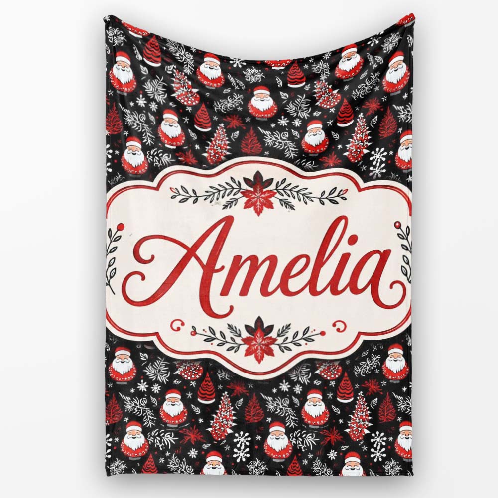 Festive Santa Folk Black Background Red White Winter Christmas Personalised Custom Name Super Soft Fleece Blanket Bed Sofa Throw