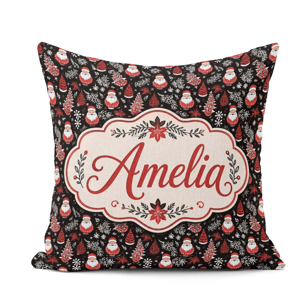 Custom Name Festive Santa Folk Black Background Red White Winter Square Filled Cushion Throw Pillow Sofa Bed Home Decor Zip Washable UK Made