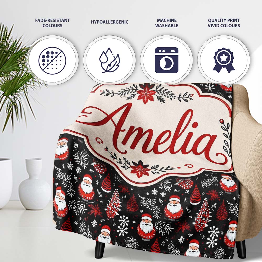 Festive Santa Folk Black Background Red White Winter Christmas Personalised Custom Name Super Soft Fleece Blanket Bed Sofa Throw