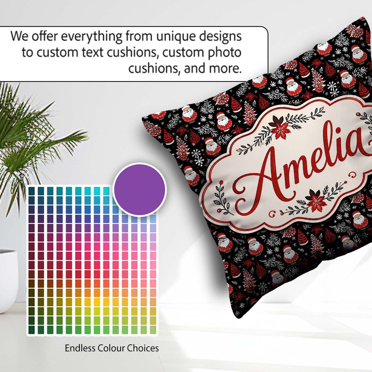Custom Name Festive Santa Folk Black Background Red White Winter Square Filled Cushion Throw Pillow Sofa Bed Home Decor Zip Washable UK Made