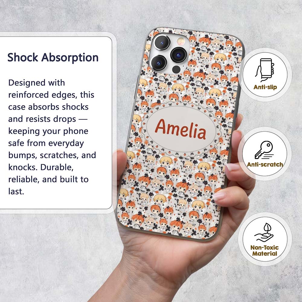 Cute Chibi Kids Floral Pattern Kawaii Character Custom Name Protective Phone Case Mobile Cover Durable Everyday Smartphone Shock Resistant