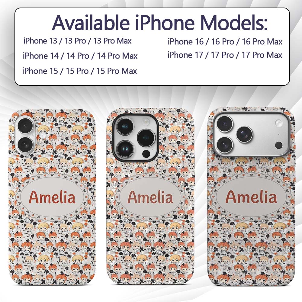 Cute Chibi Kids Floral Pattern Kawaii Character Custom Name Protective Phone Case Mobile Cover Durable Everyday Smartphone Shock Resistant