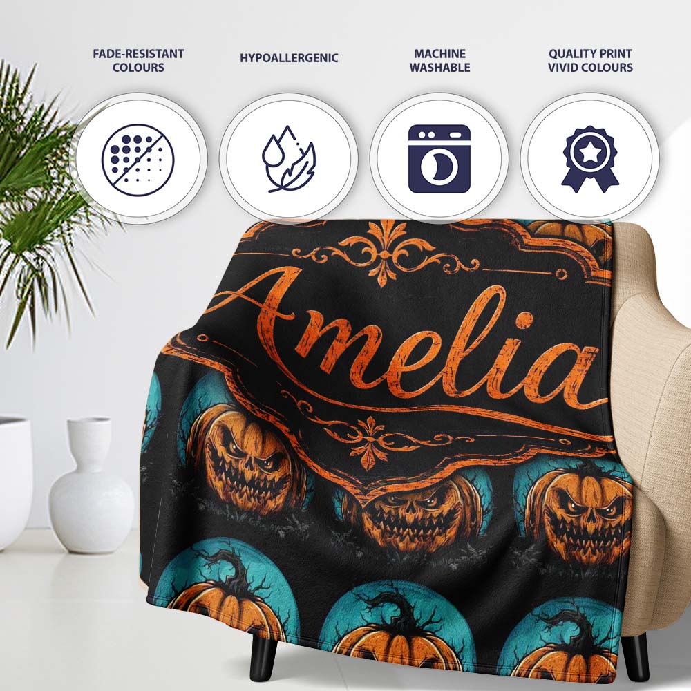 Spooky Halloween Pumpkin Moon Dark Seamless Gothic Jack O Lantern Personalised Custom Name Super Soft Fleece Blanket Bed Sofa Throw