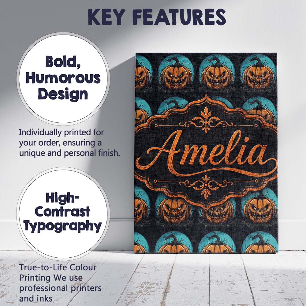 Personalised Name Spooky Halloween Pumpkin Custom Unique Gift Idea Elegant Feature Canvas Wall Art Print Decor Picture Ready to Hang