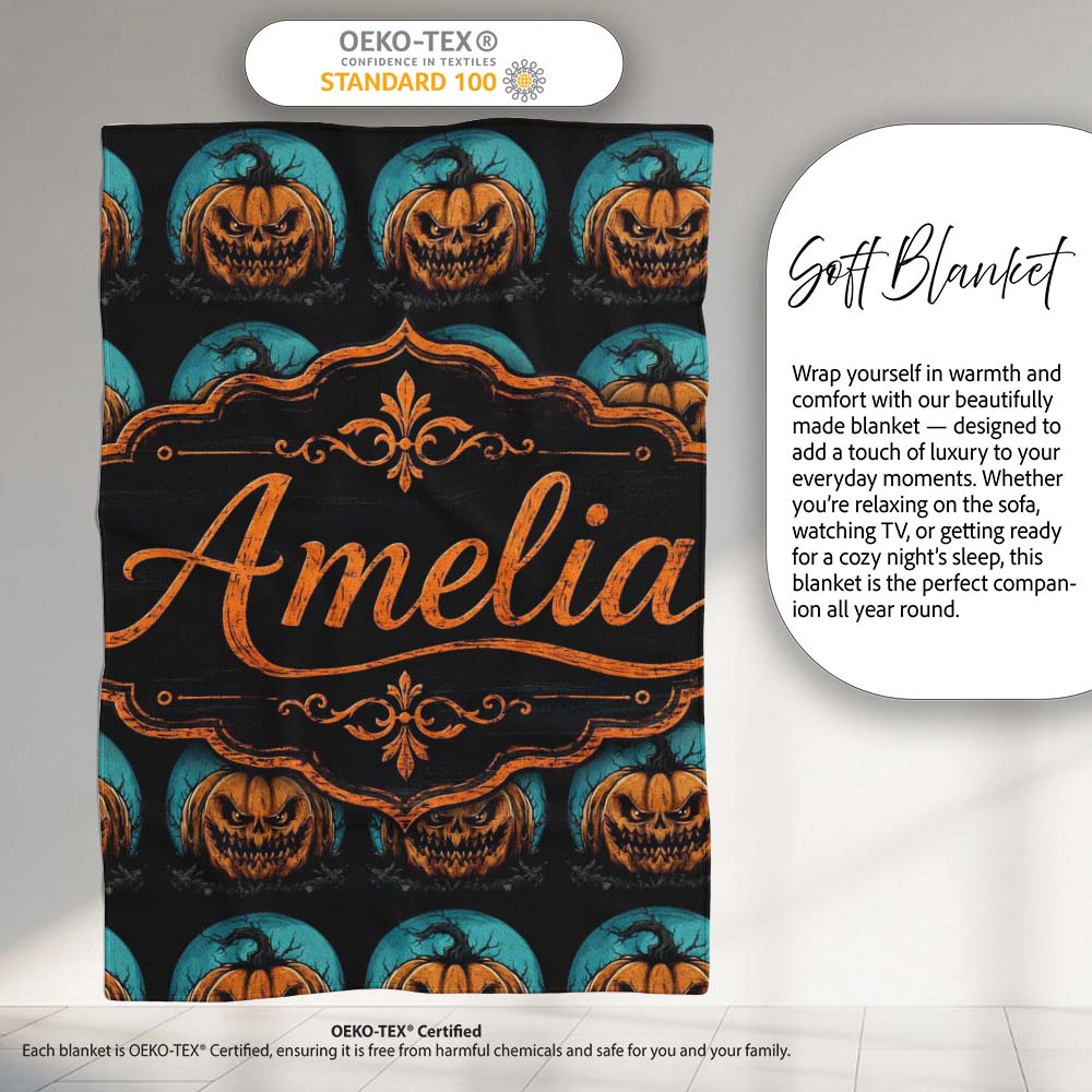 Spooky Halloween Pumpkin Moon Dark Seamless Gothic Jack O Lantern Personalised Custom Name Super Soft Fleece Blanket Bed Sofa Throw