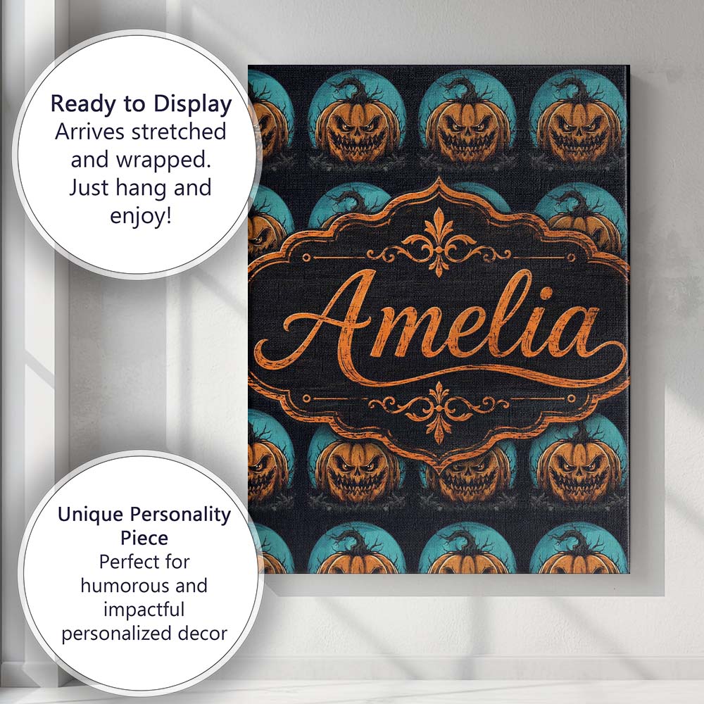 Personalised Name Spooky Halloween Pumpkin Custom Unique Gift Idea Elegant Feature Canvas Wall Art Print Decor Picture Ready to Hang