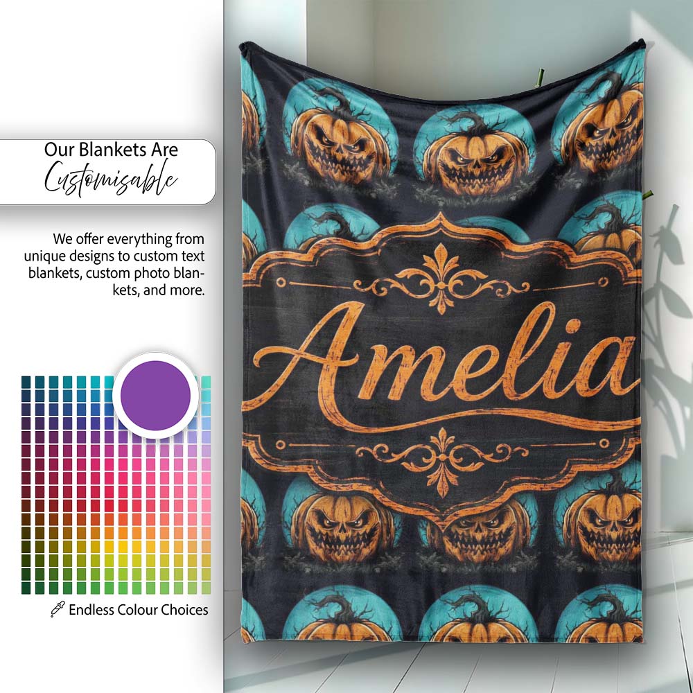 Spooky Halloween Pumpkin Moon Dark Seamless Gothic Jack O Lantern Personalised Custom Name Super Soft Fleece Blanket Bed Sofa Throw