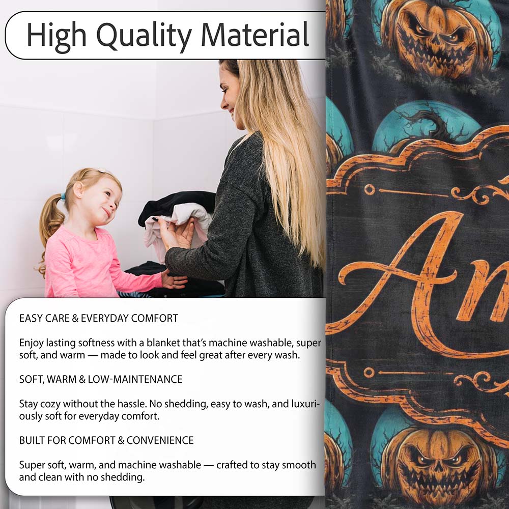 Spooky Halloween Pumpkin Moon Dark Seamless Gothic Jack O Lantern Personalised Custom Name Super Soft Fleece Blanket Bed Sofa Throw