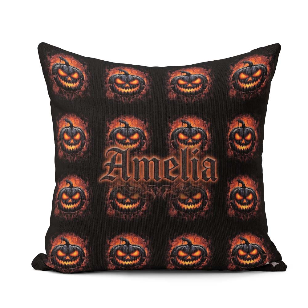 Custom Name Glowing Halloween Pumpkin Fire Eyes Seamless Pattern Square Filled Cushion Throw Pillow Sofa Bed Home Decor Zip Washable UK Made