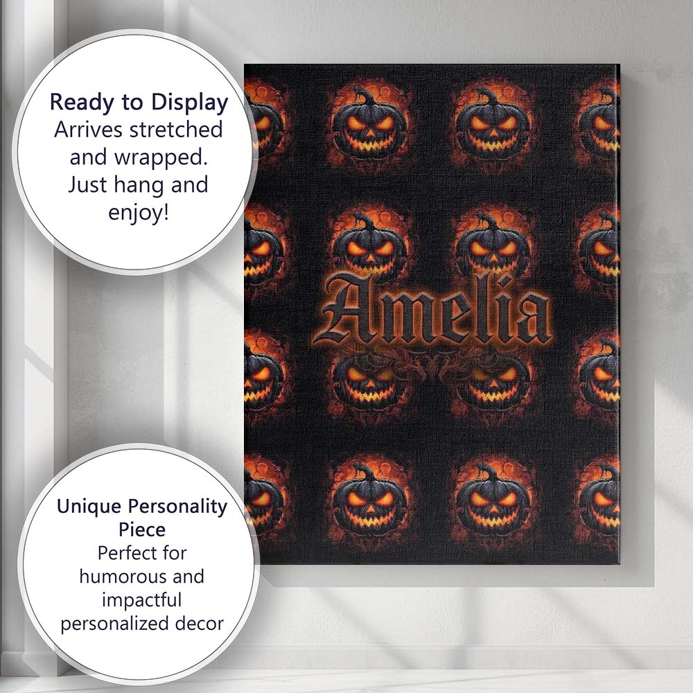 Personalised Name Glowing Halloween Pumpkin Custom Bespoke Interior Contemporary Canvas Wall Art Print Decor Picture Ready to Hang