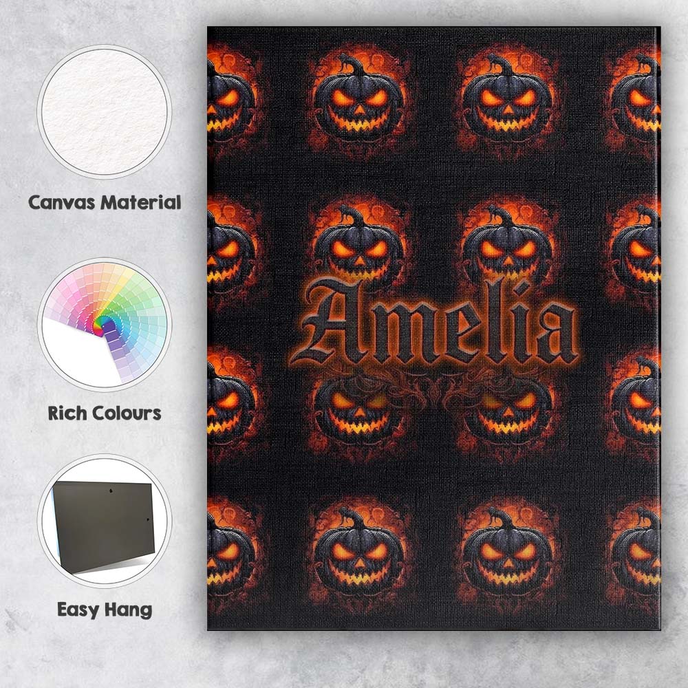 Personalised Name Glowing Halloween Pumpkin Custom Bespoke Interior Contemporary Canvas Wall Art Print Decor Picture Ready to Hang