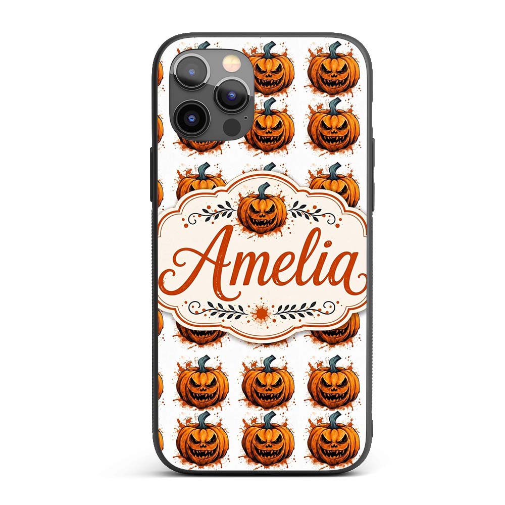 Grunge Style Pumpkin Splash White Background Custom Name Protective Phone Case Mobile Cover Durable Everyday Smartphone Shock Resistant