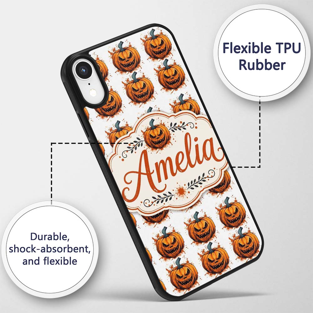 Grunge Style Pumpkin Splash White Background Custom Name Protective Phone Case Mobile Cover Durable Everyday Smartphone Shock Resistant