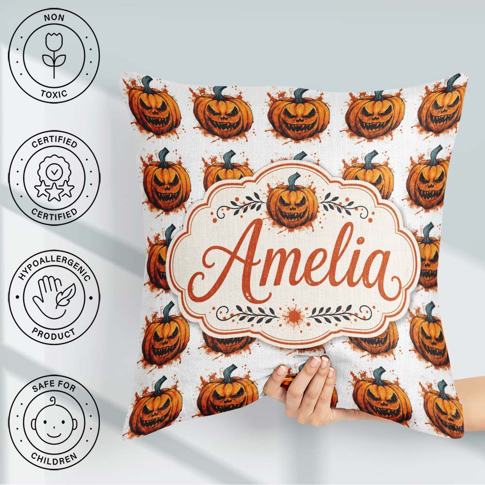 Custom Name Grunge Style Pumpkin Splash White Halloween Seamless Square Filled Cushion Throw Pillow Sofa Bed Home Decor Zip Washable UK Made