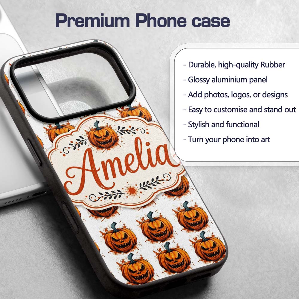 Grunge Style Pumpkin Splash White Background Custom Name Protective Phone Case Mobile Cover Durable Everyday Smartphone Shock Resistant