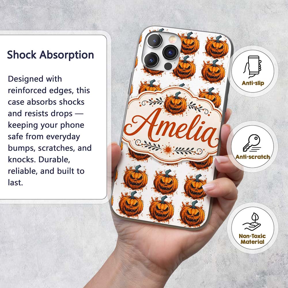 Grunge Style Pumpkin Splash White Background Custom Name Protective Phone Case Mobile Cover Durable Everyday Smartphone Shock Resistant
