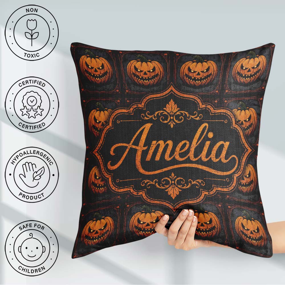 Custom Name Ornate Framed Pumpkin Gothic Dark Halloween Seamless Square Filled Cushion Throw Pillow Sofa Bed Home Decor Zip Washable UK Made