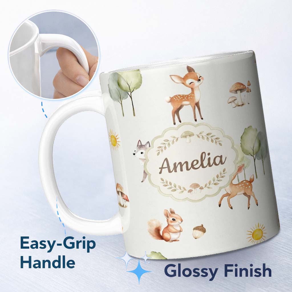 Personalized Custom Name Cute Woodland Deer Fox Mushroom Seamless Pattern on Light Grey 11oz Ceramic Coffee Tea Mug White Large Handle