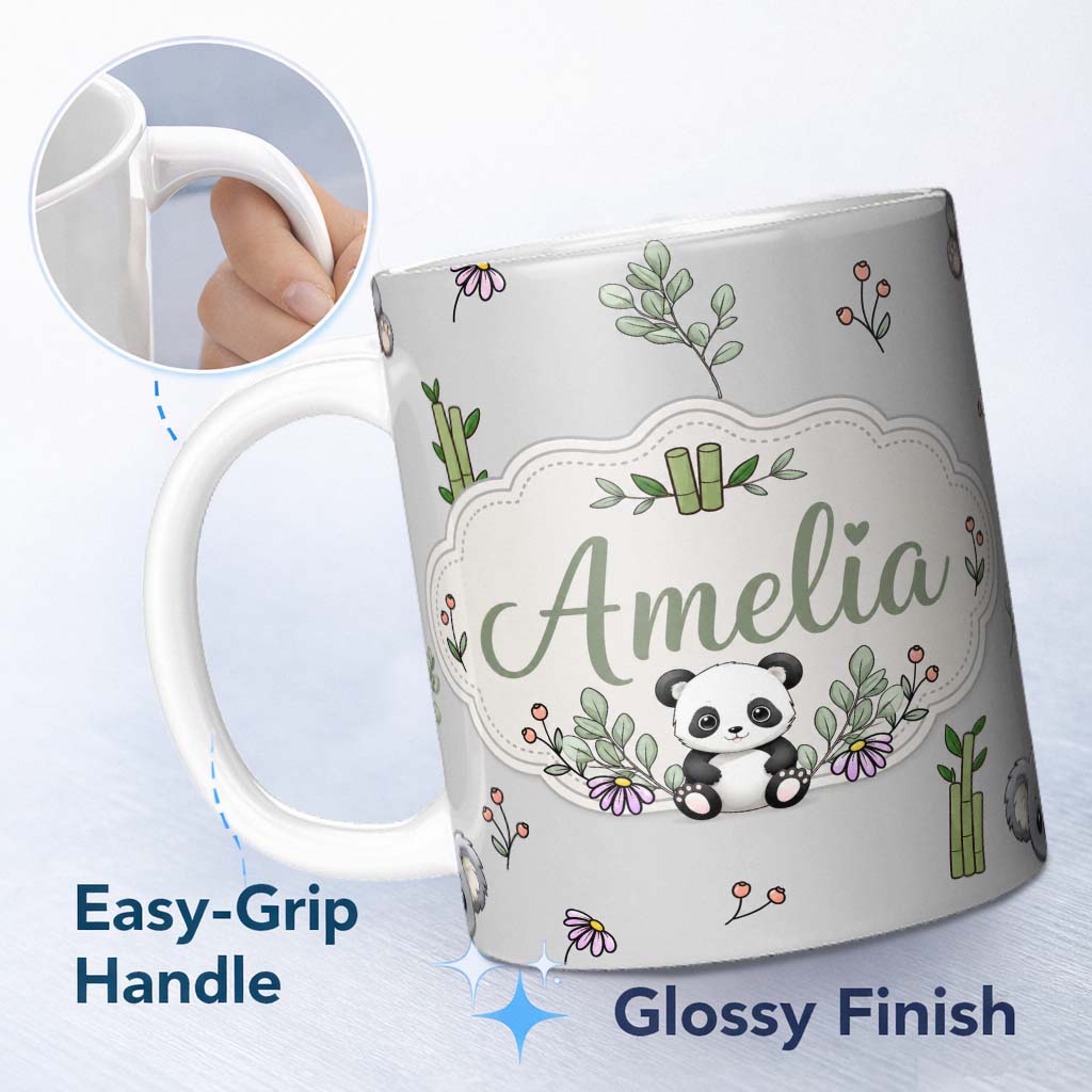 Personalized Custom Name Cute Panda Bamboo and Floral Minimal Seamless Pattern on Light Grey 11oz Ceramic Coffee Tea Mug White Large Handle