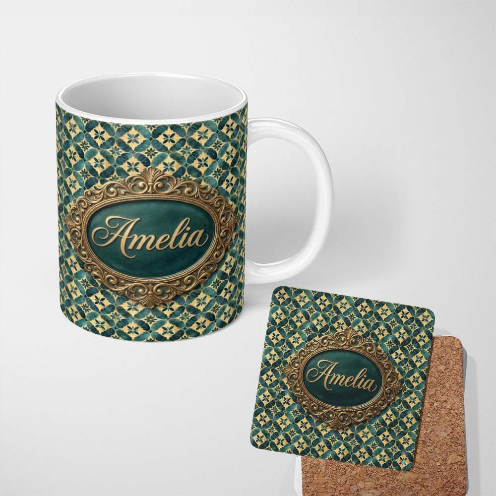 Personalized Custom Name Luxury Art Deco Tile Gold and Teal Geometric Seamless Pattern Lovely 11oz Ceramic Coffee Tea Mug White Large Handle