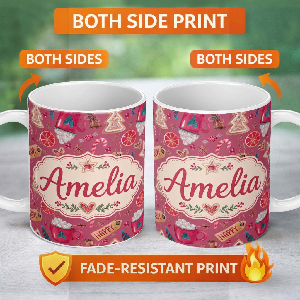 Personalized Custom Name Watercolor Christmas Cookies Candy Cane Orange Slice Mug Festive 11oz Ceramic Coffee Tea Mug White Large Handle
