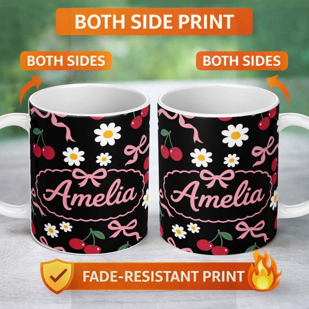 Personalized Custom Name Cute Cherry Bow and Daisy Seamless Pattern on White Grey Lovely 11oz Ceramic Coffee Tea Mug White Large Handle