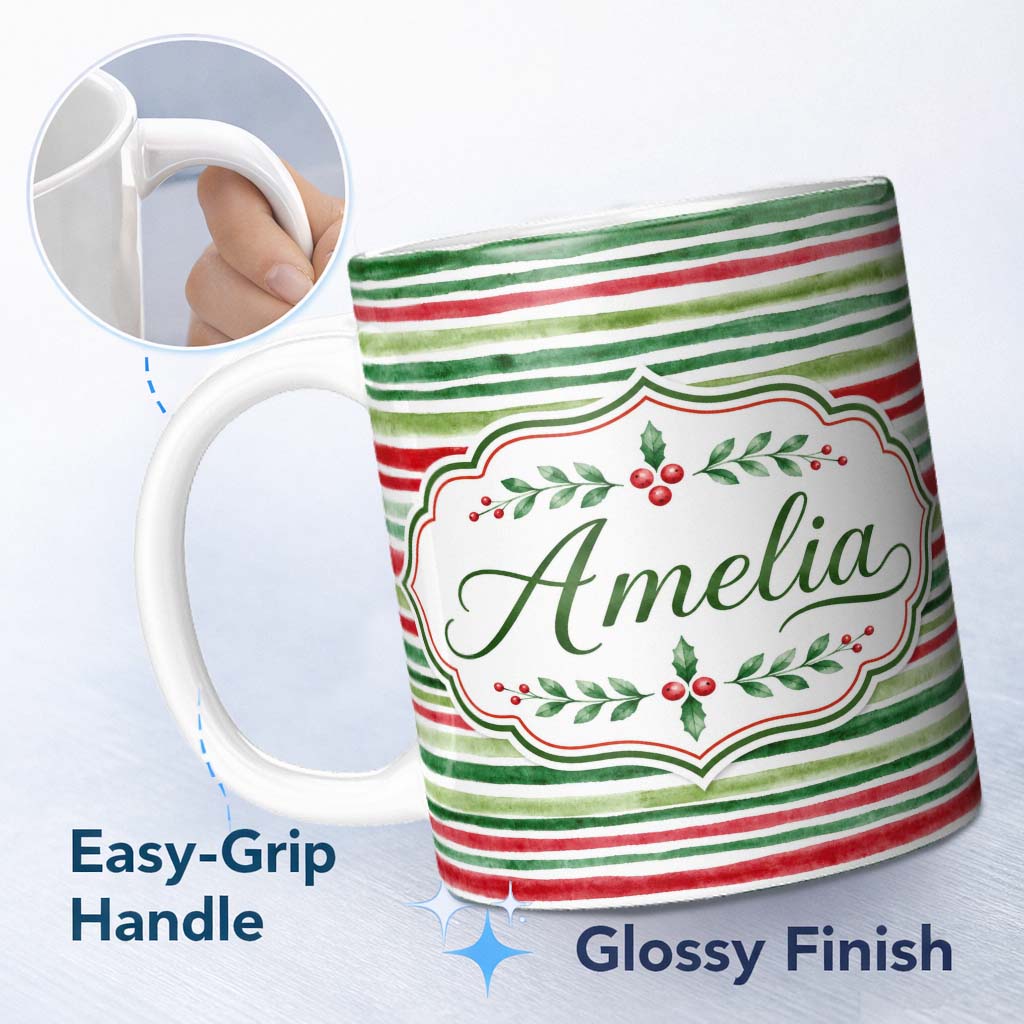 Personalized Custom Name Watercolor Red Green Horizontal Stripe Christmas Seamless Pattern 11oz Ceramic Coffee Tea Mug White Large Handle