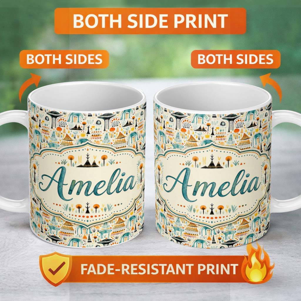 Personalized Custom Name Whimsical Tribal Village Houses TreesAbstract Landscape Seamless 11oz Ceramic Coffee Tea Mug White Large Handle