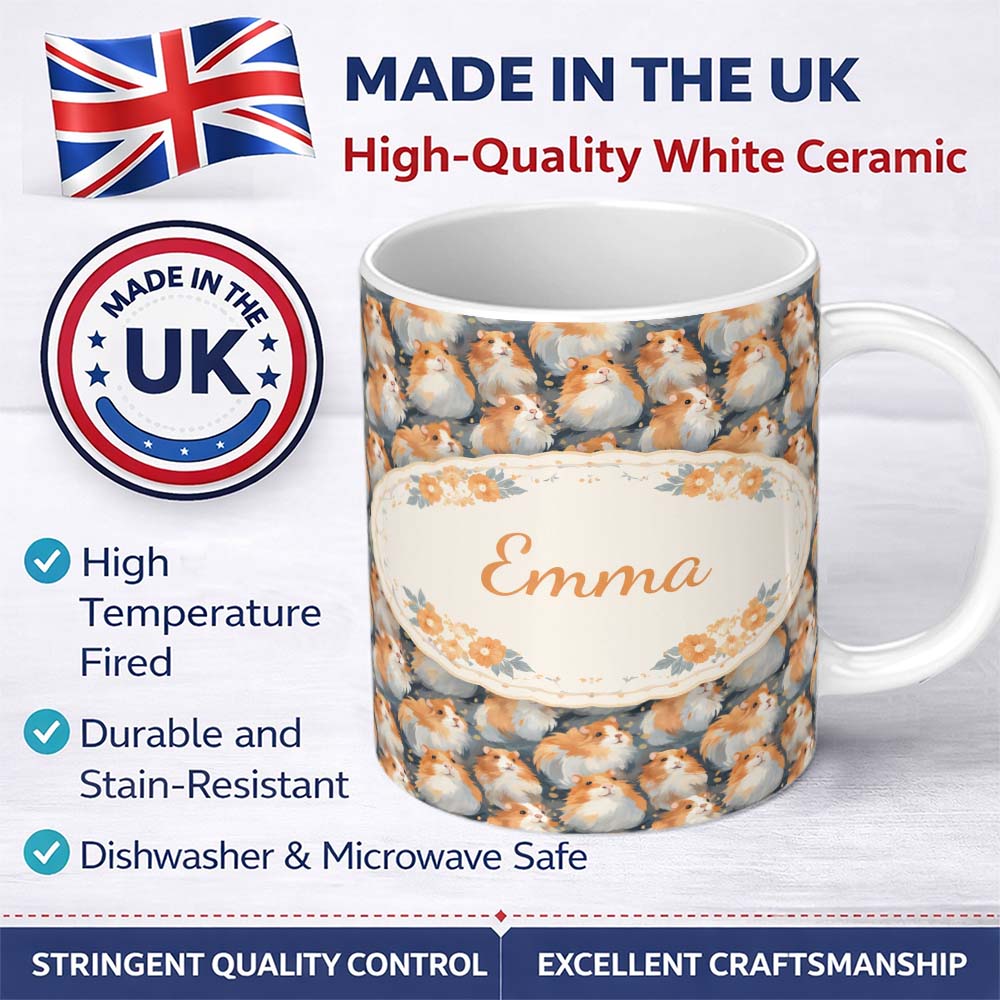 Personalized Custom Name Realistic Fluffy Hamster Blue Background Seamless Pattern Lovely 11oz Ceramic Coffee Tea Mug White Large Handle