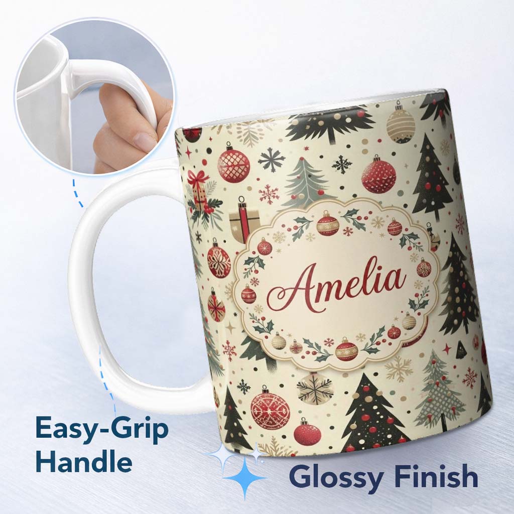 Personalized Custom Name Modern Christmas Tree Ornament Snowflake Festive Seamless Pattern 11oz Ceramic Coffee Tea Mug White Large Handle