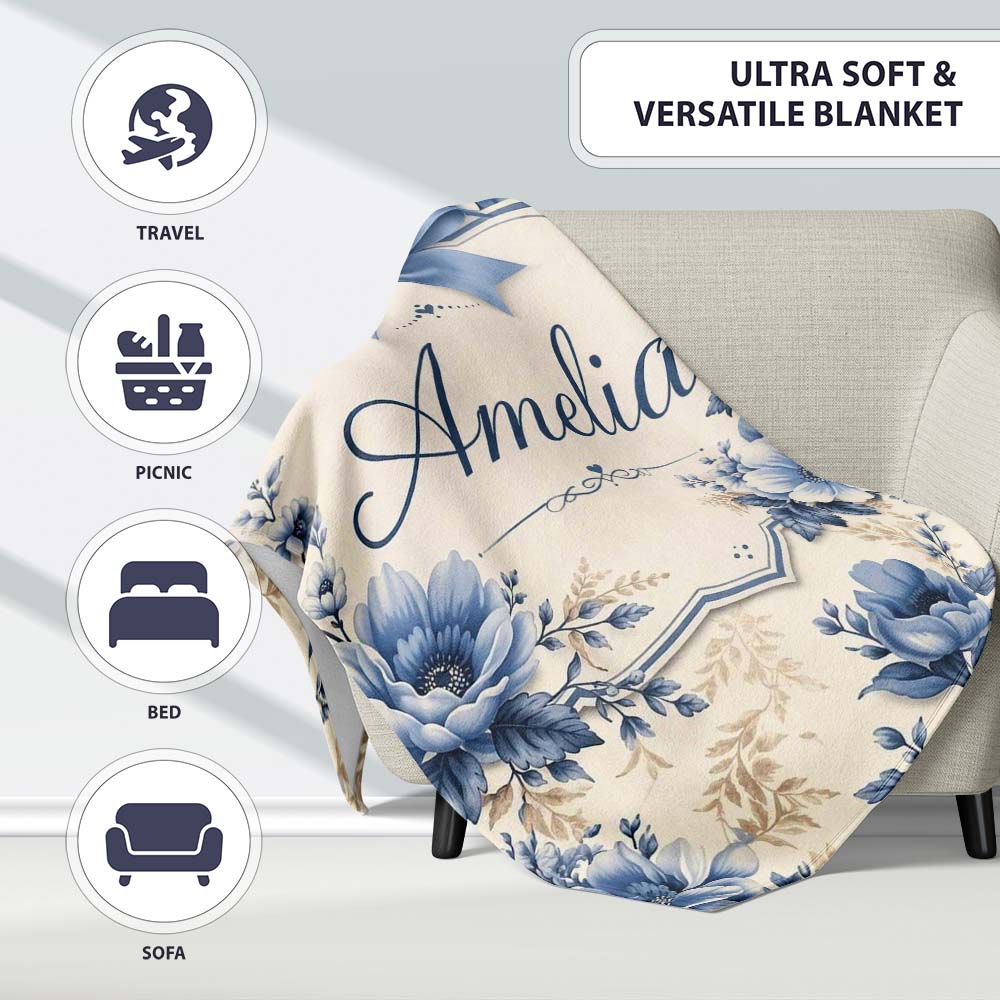 Classic Blue & Cream Floral Vintage Botanical Pattern Lovely Personalised Custom Name Super Soft Fleece Blanket Bed Sofa Throw