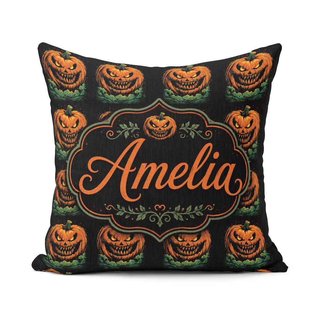 Custom Name Creepy Pumpkin Ocean Dark Halloween Seamless Pattern Square Filled Cushion Throw Pillow Sofa Bed Home Decor Zip Washable UK Made