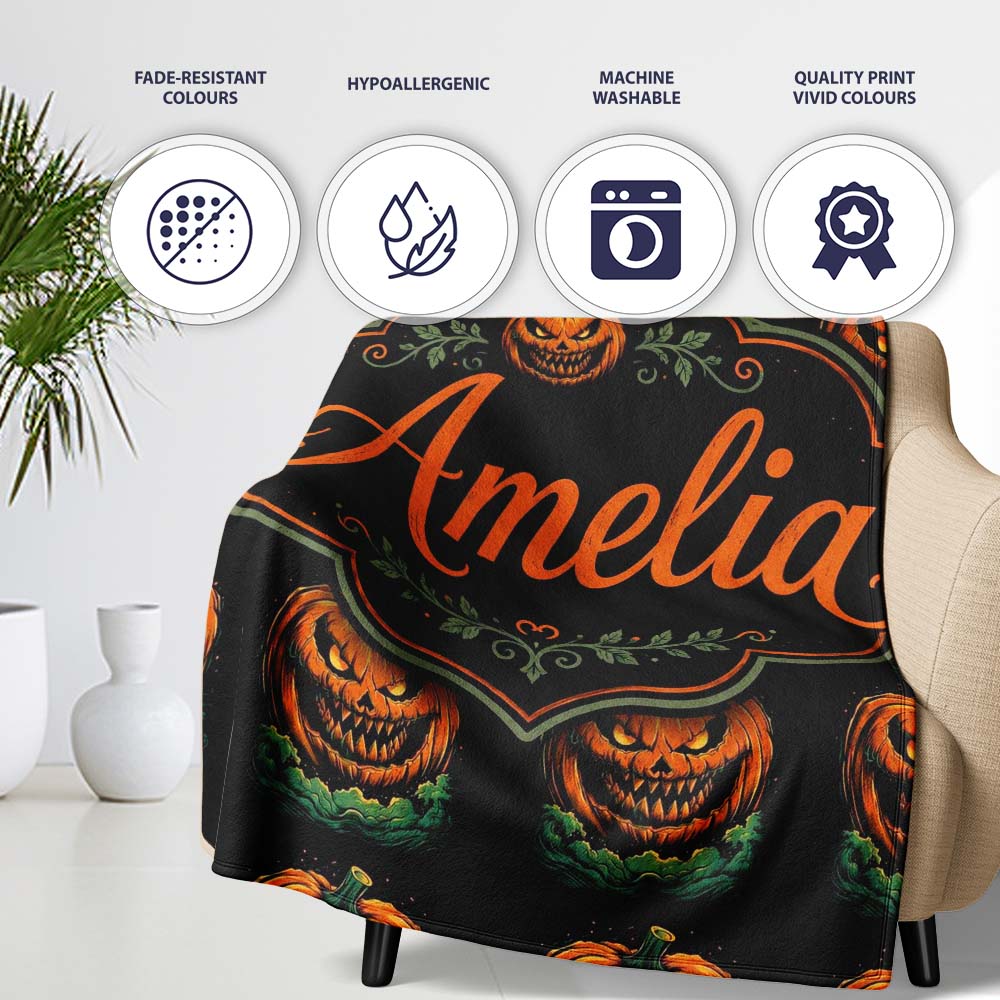 Creepy Pumpkin Ocean Waves Dark Halloween Seamless Pattern Lovely Personalised Custom Name Super Soft Fleece Blanket Bed Sofa Throw