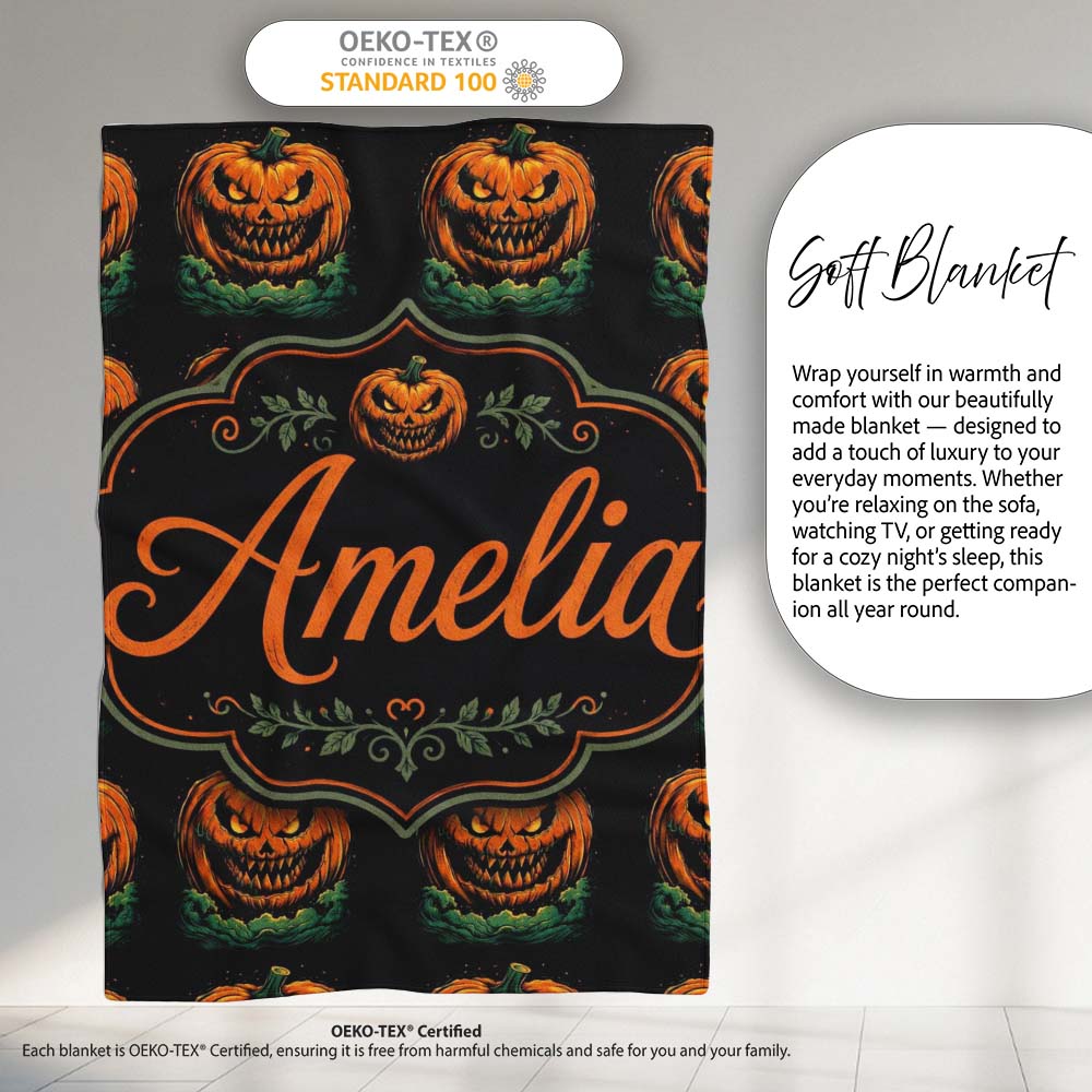 Creepy Pumpkin Ocean Waves Dark Halloween Seamless Pattern Lovely Personalised Custom Name Super Soft Fleece Blanket Bed Sofa Throw