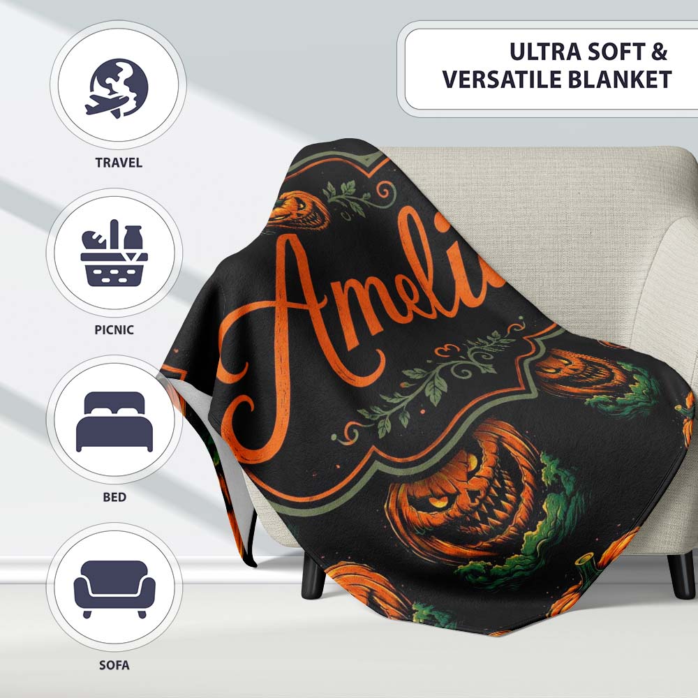 Creepy Pumpkin Ocean Waves Dark Halloween Seamless Pattern Lovely Personalised Custom Name Super Soft Fleece Blanket Bed Sofa Throw
