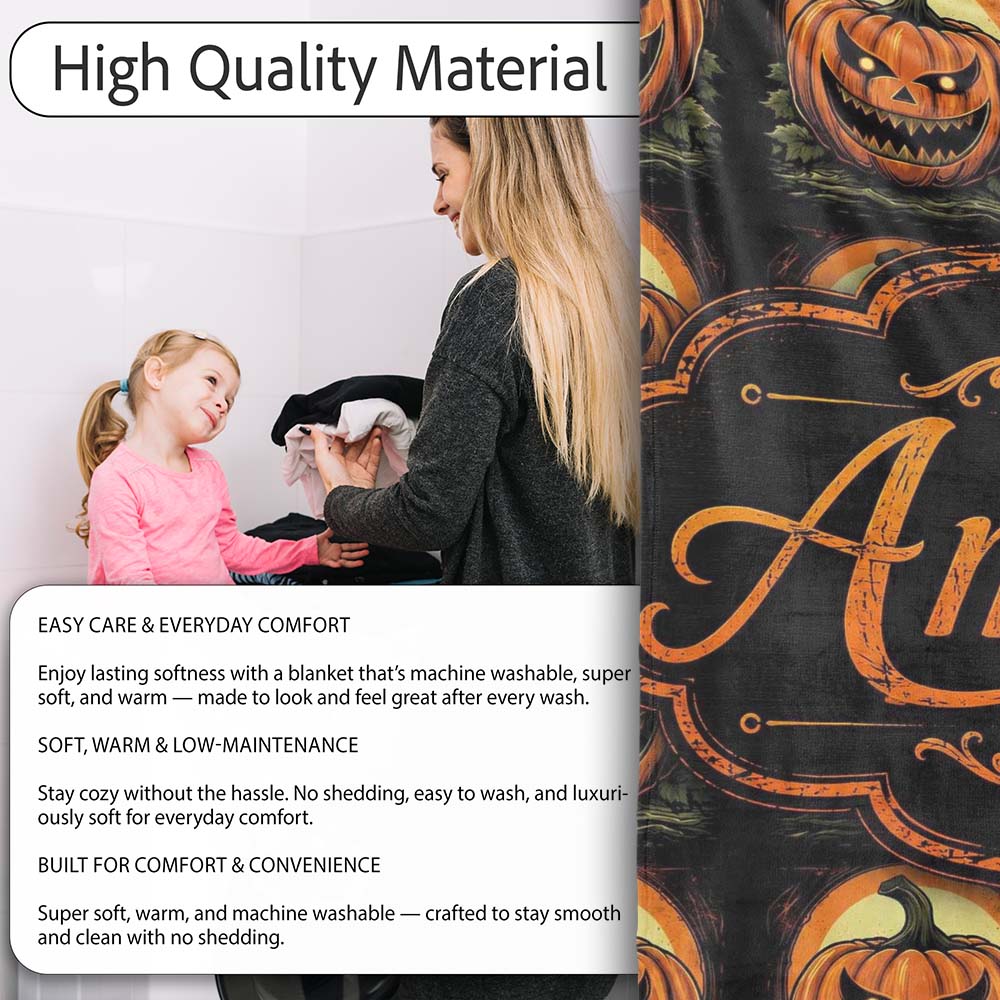 Classic Jack O Lantern Moonlit Leaves Halloween Seamless Pattern Personalised Custom Name Super Soft Fleece Blanket Bed Sofa Throw