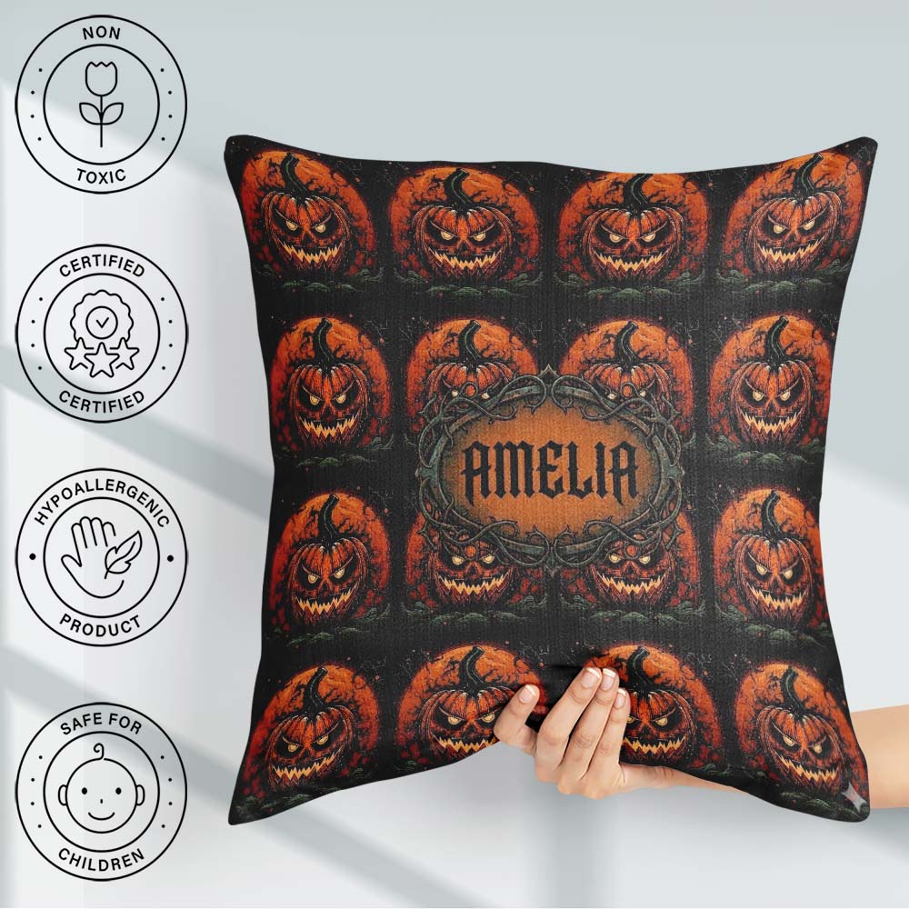 Custom Name Spooky Pumpkin Moon Branches Dark Halloween Seamless Square Filled Cushion Throw Pillow Sofa Bed Home Decor Zip Washable UK Made