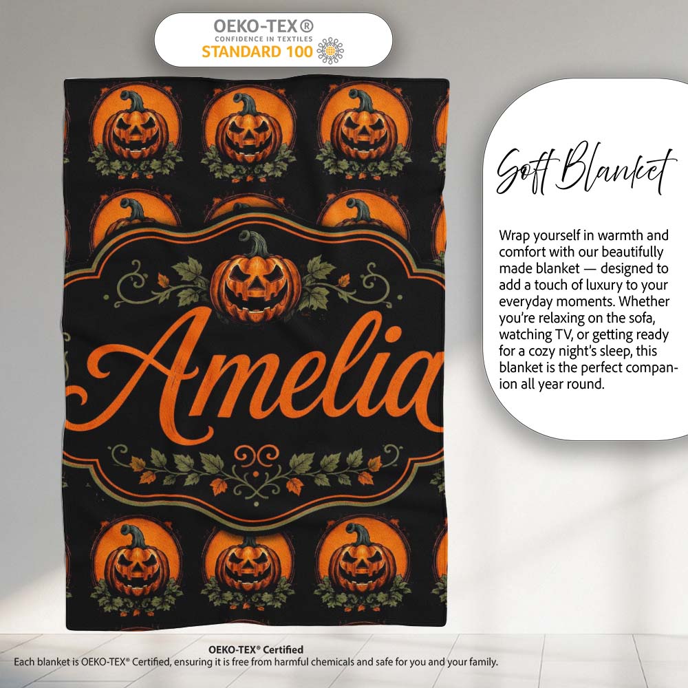 Cute Carved Pumpkin Leaves Black Background Halloween Seamless Personalised Custom Name Super Soft Fleece Blanket Bed Sofa Throw