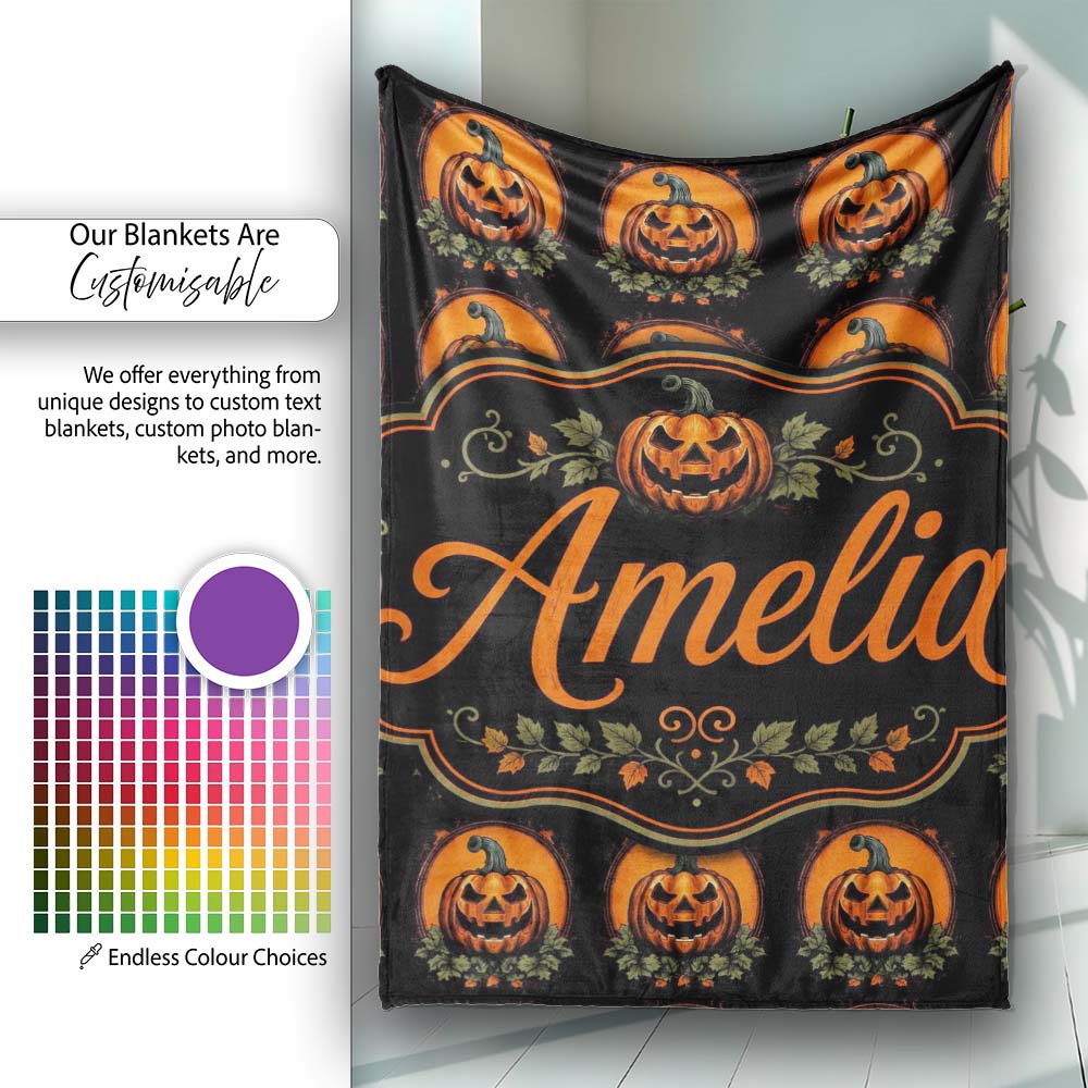 Cute Carved Pumpkin Leaves Black Background Halloween Seamless Personalised Custom Name Super Soft Fleece Blanket Bed Sofa Throw