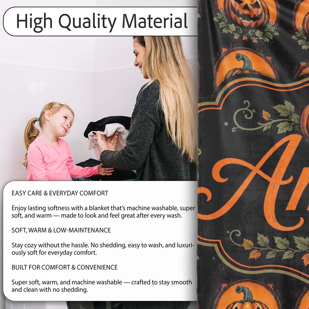 Cute Carved Pumpkin Leaves Black Background Halloween Seamless Personalised Custom Name Super Soft Fleece Blanket Bed Sofa Throw