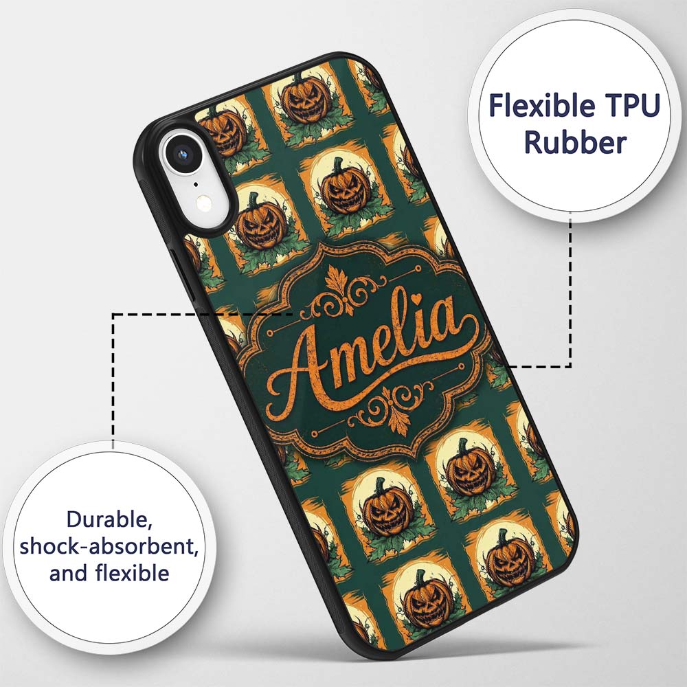 Vintage Halloween Pumpkin Leaves Frame Dark Green Custom Name Protective Phone Case Mobile Cover Durable Everyday Smartphone Shock Resistant