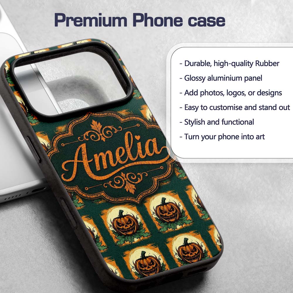 Vintage Halloween Pumpkin Leaves Frame Dark Green Custom Name Protective Phone Case Mobile Cover Durable Everyday Smartphone Shock Resistant