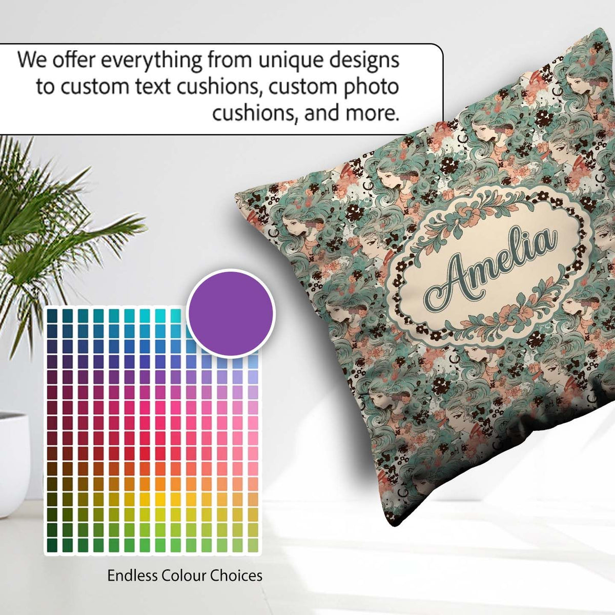 Custom Name Elegant Woman Teal Hair Floral Artistic Pattern Square Filled Cushion Throw Pillow Sofa Bed Home Decor Zip Washable UK Made